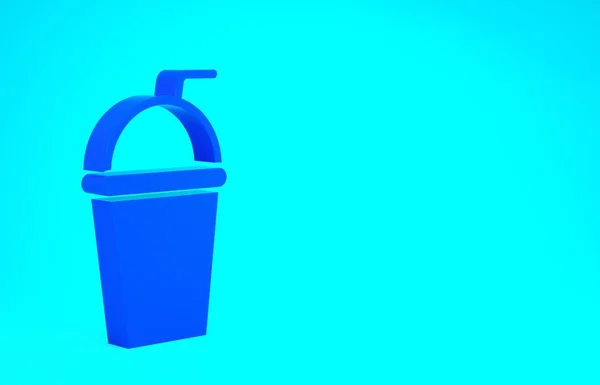 青の背景に水のアイコンとストローを飲むとブルーペーパーグラス。ソーダドリンクグラス。新鮮な冷たい飲み物のシンボル。最小限の概念。3Dイラスト3Dレンダリング — ストック写真