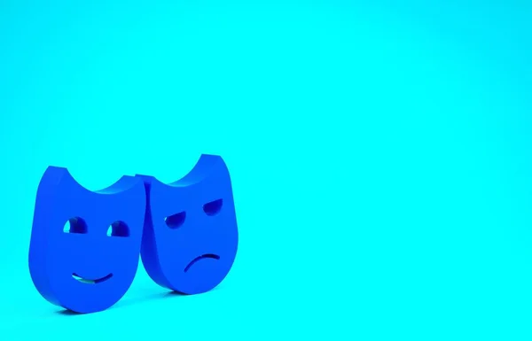Bleu Comédie et tragédie masques théâtraux icône isolée sur fond bleu. Concept de minimalisme. Illustration 3D rendu 3D — Photo