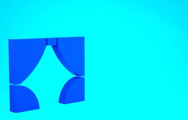 Icona della tenda blu isolata su sfondo blu. Per il teatro o scena lirica sfondo, concerto grande apertura o prima del cinema. Concetto minimalista. Illustrazione 3d rendering 3D — Foto Stock