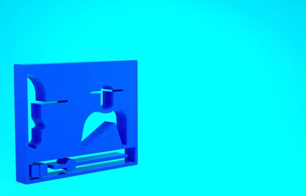 Blue Online воспроизведение видео значок изолирован на синем фоне. Лента с игровым знаком. Концепция минимализма. 3D-рендеринг — стоковое фото