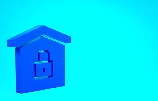 蓝色房子在保护图标下与蓝色背景隔离。家和锁。保护、安全、安保、保护、防御概念。最低纲领的概念。3D渲染3D插图 — 图库照片