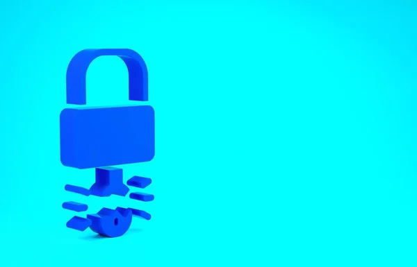 Clé bleue cassée à l'intérieur de l'icône cadenas isolé sur fond bleu. Panneau cadenas. Sécurité, sûreté, protection, concept de vie privée. Concept de minimalisme. Illustration 3D rendu 3D — Photo