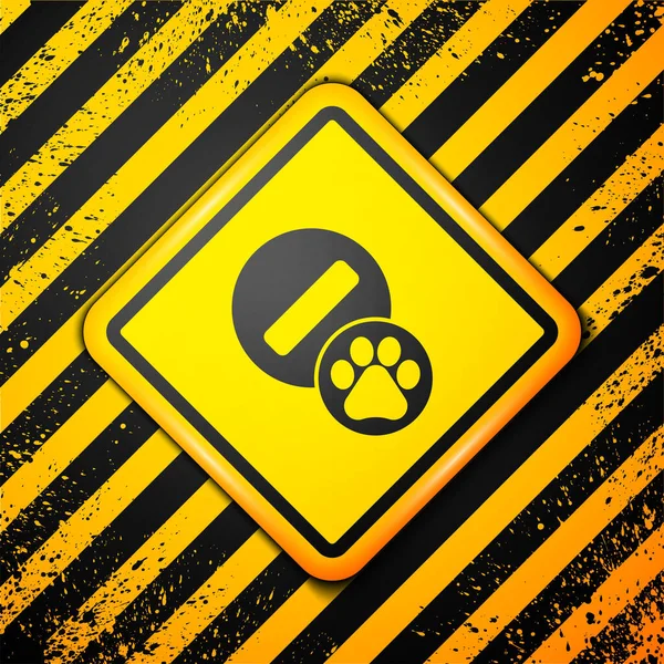 黄色の背景に隔離された黒い犬の丸薬のアイコン。動物用処方薬。警告サインだ。ベクトル — ストックベクタ