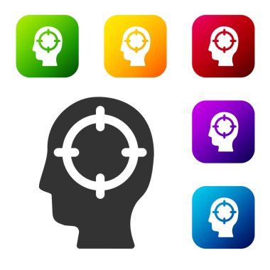 Siyah başlı av ikonu beyaz arka planda izole edildi. İş hedefi ya da İstihdam tabelası. İş için insan kaynakları ve adam toplama. Renkli kare düğmelerle simgeleri ayarla. Vektör