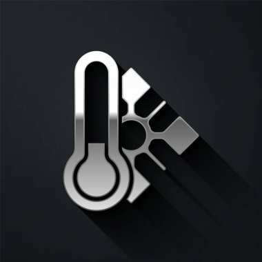 Gümüş Meteoroloji termometresi siyah arkaplanda izole edilmiş ikonu ölçüyor. Termometre termometresi sıcak ya da soğuk hava gösteriyor. Uzun gölge tarzı. Vektör