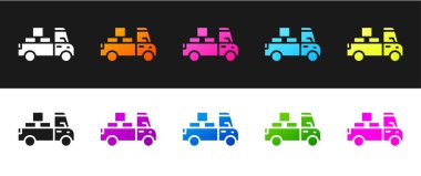 Siyah beyaz arkaplanda izole edilmiş simgenin arkasındaki karton kutularla teslimat kamyonunu ayarlayın. Vektör