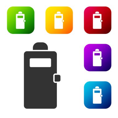 Siyah Polis saldırı kalkanı ikonu beyaz arka planda izole edildi. Renkli kare düğmelerle simgeleri ayarla. Vektör