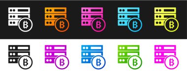 Sunucu bitcoin simgesini siyah ve beyaz arkaplanda izole et. Vektör