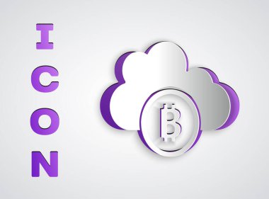Kağıt kesiği, gri arkaplanda izole edilmiş kripto para birimi bulut maden ikonu. Engelleme teknolojisi, bitcoin, dijital para piyasası, kripto para cüzdanı. Kağıt sanatı tarzı. Vektör