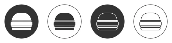 Black Burger icono aislado sobre fondo blanco. Icono de hamburguesa. Signo de sándwich de hamburguesa con queso. Menú de comida rápida. Botón de círculo. Vector — Archivo Imágenes Vectoriales