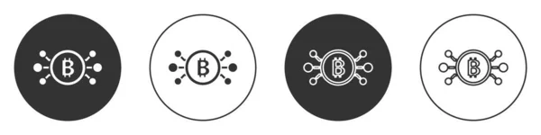 Criptomoeda preta bitcoin em círculo com ícone de circuito de microchip isolado no fundo branco. Tecnologia Blockchain, mercado monetário digital. Botão circular. Vetor — Vetor de Stock