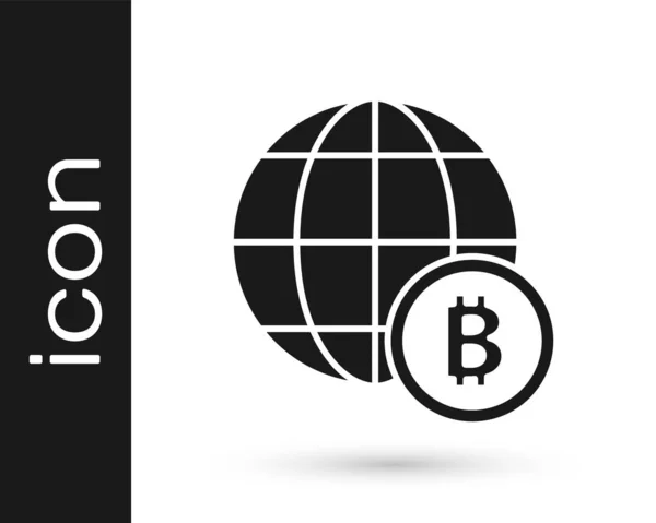 Globe noir et pièce crypto-monnaie icône Bitcoin isolé sur fond blanc. Pièce de monnaie physique. Blockchain basé crypto-monnaie sécurisée. Vecteur — Image vectorielle