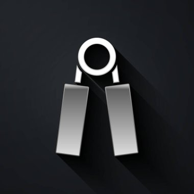 Silver Sport genişletici simgesi siyah arkaplanda izole edildi. Spor malzemeleri. Uzun gölge tarzı. Vektör