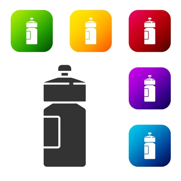 Black Fitness shaker icon isolated on white background. Sports shaker bottle with lid for water and protein cocktails. Set icons in color square buttons. Vector — Stock Vector