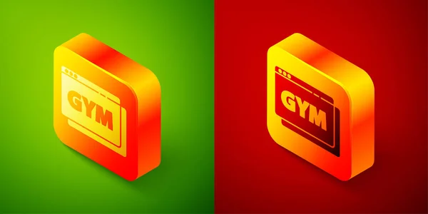 Isometric Online fitness and training icon isolated on green and red background. Square button. Vector — Stock Vector