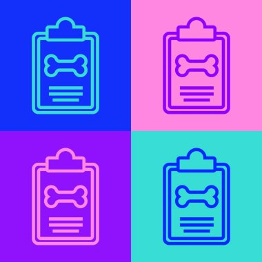 Tıbbi kayıt evcil hayvan ikonunun renkli arka planda izole edildiği popüler sanat çizgisi panosu. Sağlık sigortası formu. Tıbbi kontrol işaretleri raporu. Vektör