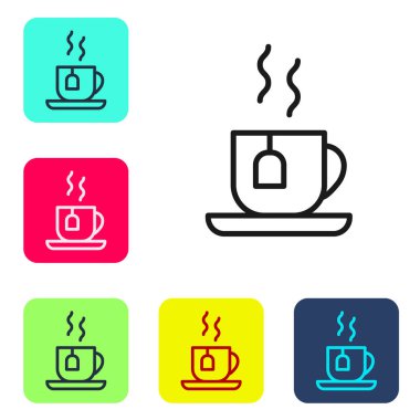 Beyaz arka planda siyah çay poşeti ikonu olan bir fincan çay. Renkli kare düğmelerle simgeleri ayarla. Vektör