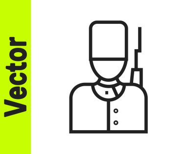 Siyah çizgili, ayı postu şapkalı İngiliz muhafız beyaz arka planda izole edilmiş bir yürüyüş ikonu. Vektör