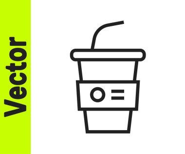 Siyah çizgi kağıt bardak, beyaz arka planda izole edilmiş saman ve su ikonu içeriyor. Soda bardağı. Taze soğuk içecek sembolü. Vektör