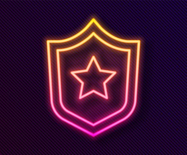 Parlayan neon hattı polis rozeti ikonu siyah arka planda izole edildi. Şerif rozeti. Yıldız sembollü kalkan. Vektör