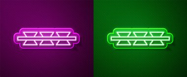 Parlayan neon çizgisi dikenli tel ikonu mor ve yeşil arkaplanda izole edilmiş. Vektör