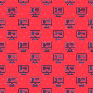 Monitör simgesinden mavi çizgi madencilik bitcoin kırmızı arka planda izole edilmiş pürüzsüz desen. Kripto para birimi madenciliği, engelleme zinciri teknoloji servisi. Vektör
