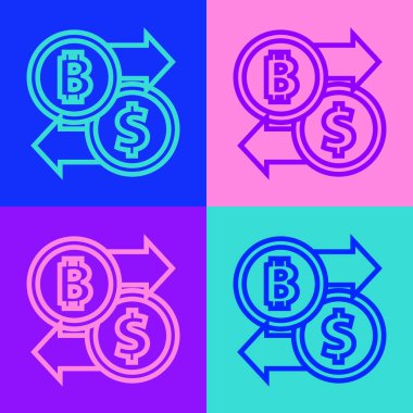 Pop sanat çizgisi Kripto döviz simgesi renk arkaplanında izole edildi. Bitcoin 'den dolar takas simgesine. Kripto para teknolojisi, mobil bankacılık. Vektör