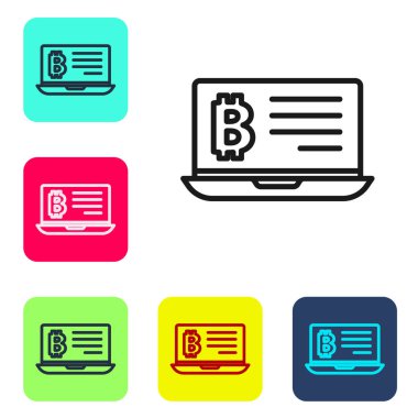 Beyaz arka planda izole edilmiş dizüstü bilgisayar ikonundan siyah çizgi bitcoin madenciliği. Kripto para birimi madenciliği, engelleme zinciri teknoloji servisi. Renkli kare düğmelerle simgeleri ayarla. Vektör
