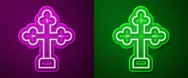 Parlayan neon çizgisi Hıristiyan haç simgesi mor ve yeşil arka planda izole edildi. Kilise haçı. Vektör