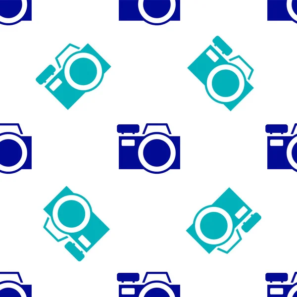 Blue Photo camera icoon geïsoleerd naadloos patroon op witte achtergrond. Foto camera icoon. Vector — Stockvector