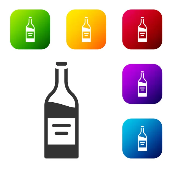 Černá láhev vína ikona izolované na bílém pozadí. Nastavit ikony v barevných čtvercových tlačítcích. Vektor — Stockový vektor