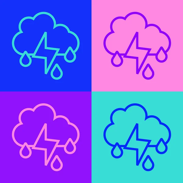 Pop art line Nube con la lluvia y el rayo icono aislado en el fondo de color. Precipitación de nubes de lluvia con gotas de lluvia.Icono meteorológico de la tormenta. Vector — Archivo Imágenes Vectoriales