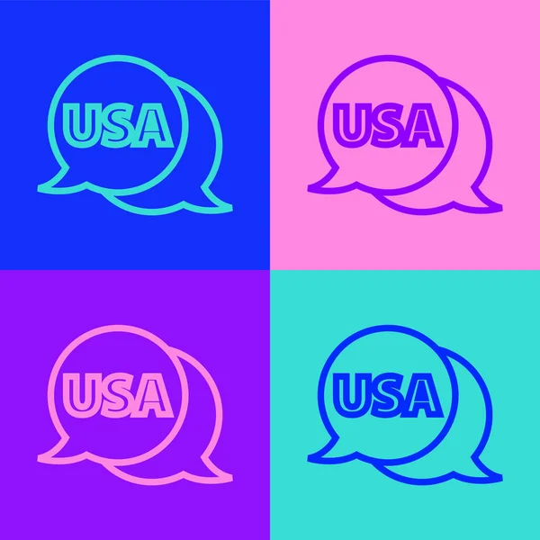 Pop art ligne USA étiquette icône isolée sur fond de couleur. États-Unis d'Amérique. Vecteur — Image vectorielle