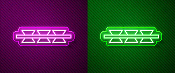 Glowing neon line Barbed wire icon isolated on purple and green background. Vector