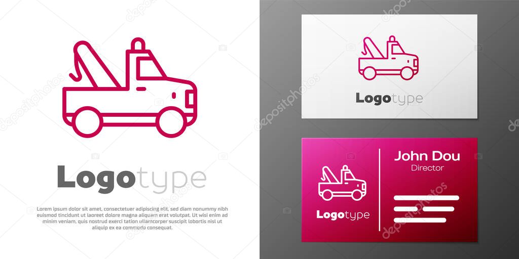 Logotype line Tow truck icon isolated on white background. Logo design template element. Vector.