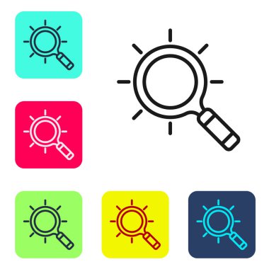 Beyaz arka planda siyah çizgi büyüteç simgesi izole edildi. Arama, odaklanma, yakınlaştırma, iş sembolü. Renkli kare düğmelerle simgeleri ayarla. Vektör