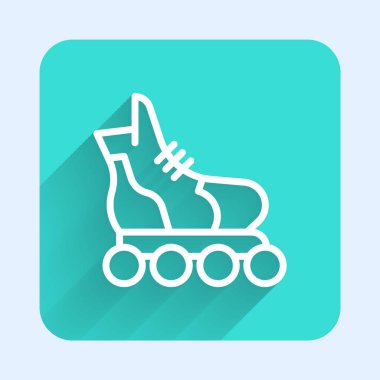 Beyaz çizgi paten ikonu uzun gölgeli izole edilmiş. Yeşil kare düğmesi. Vektör