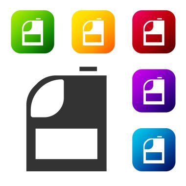 Beyaz arka planda izole edilmiş motor makine yağı ikonu için siyah kutu. Benzin bidonu. Yağ değiştirme ve onarım servisi. Motor yağı işareti. Renkli kare düğmelerle simgeleri ayarla. Vektör İllüstrasyonu