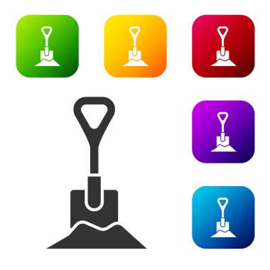 Beyaz arkaplanda siyah kürek izole edilmiş. Bahçe aletleri. Bahçecilik, tarım, çiftçilik aleti. Renkli kare düğmelerle simgeleri ayarla. Vektör İllüstrasyonu