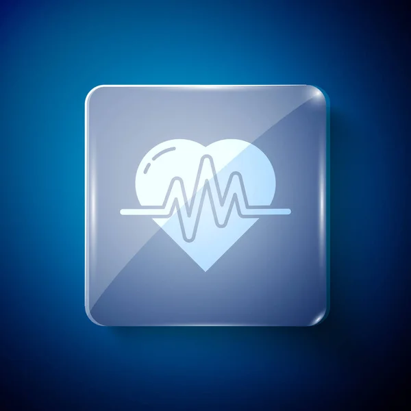 Icône de fréquence cardiaque blanche isolée sur fond bleu. Signe de battement de coeur. Icône pouls cardiaque. Icône de cardiogramme. Panneaux carrés en verre. Illustration vectorielle — Image vectorielle