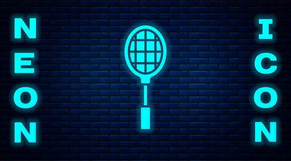 Leuchtende neon Tennisschläger Symbol isoliert auf Backsteinwand Hintergrund. Sportgeräte. Vektorillustration — Stockvektor