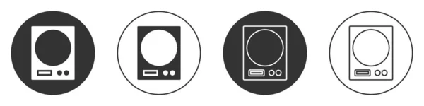 Schwarze elektronische Waagen sind auf weißem Hintergrund isoliert. Gewichtsmessgeräte. Kreis-Taste. Vektorillustration — Stockvektor