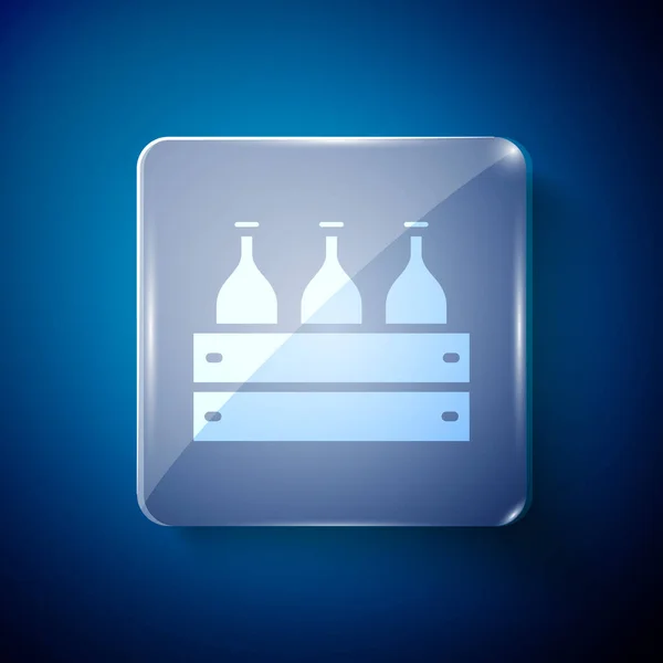Bílé láhve vína v dřevěné krabici ikony izolované na modrém pozadí. Lahvičky od vína v dřevěné bedně. Čtvercové sklo. Vektorová ilustrace — Stockový vektor