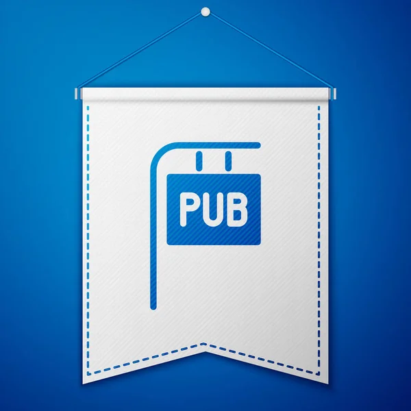 Placa de sinalização Blue Street com inscrição Ícone Pub isolado no fundo azul. Adequado para anúncios bar, café, restaurante. Modelo de pendente branco. Ilustração vetorial —  Vetores de Stock