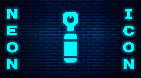 Glödande neon flaska öppnare ikon isolerad på tegel vägg bakgrund. Vektor Illustration — Stock vektor