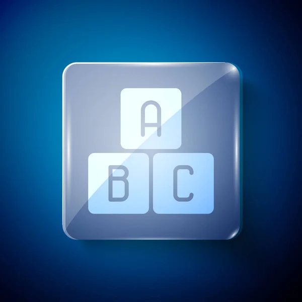 White ABC blocks icon isolated on blue background. Alphabet cubes with letters A,B,C. Square glass panels. Vector Illustration — Stock Vector