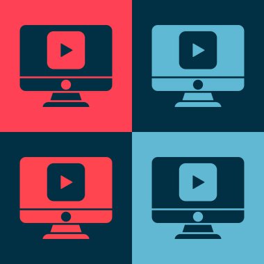 Pop art Online video oynatma simgesi renk arkaplanında izole edildi. Bilgisayar monitörü ve oyun işaretli film şeridi. Vektör İllüstrasyonu