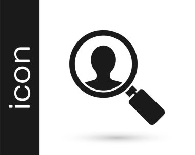 Beyaz arka planda izole edilmiş bir insan simgesini aramak için gri büyüteç. İşe alma ya da seçme. Çalışanları ve işi ara. Vektör İllüstrasyonu