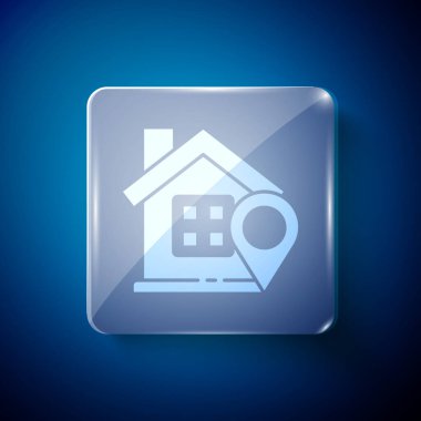 Mavi arkaplanda ev simgesi olan beyaz harita işaretçisi. Ev konumu belirleyici sembol. Kare cam paneller. Vektör İllüstrasyonu