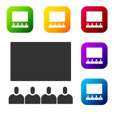 Beyaz zemin üzerinde ekran simgesi olan Siyah Sinema salonu. Renkli kare düğmelerle simgeleri ayarla. Vektör İllüstrasyonu